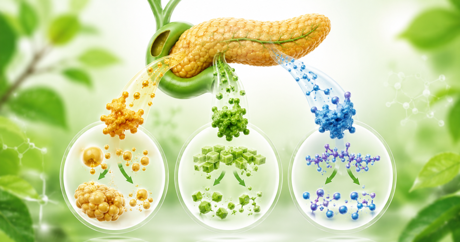 Pancreatin enzyme components including lipase amylase and protease