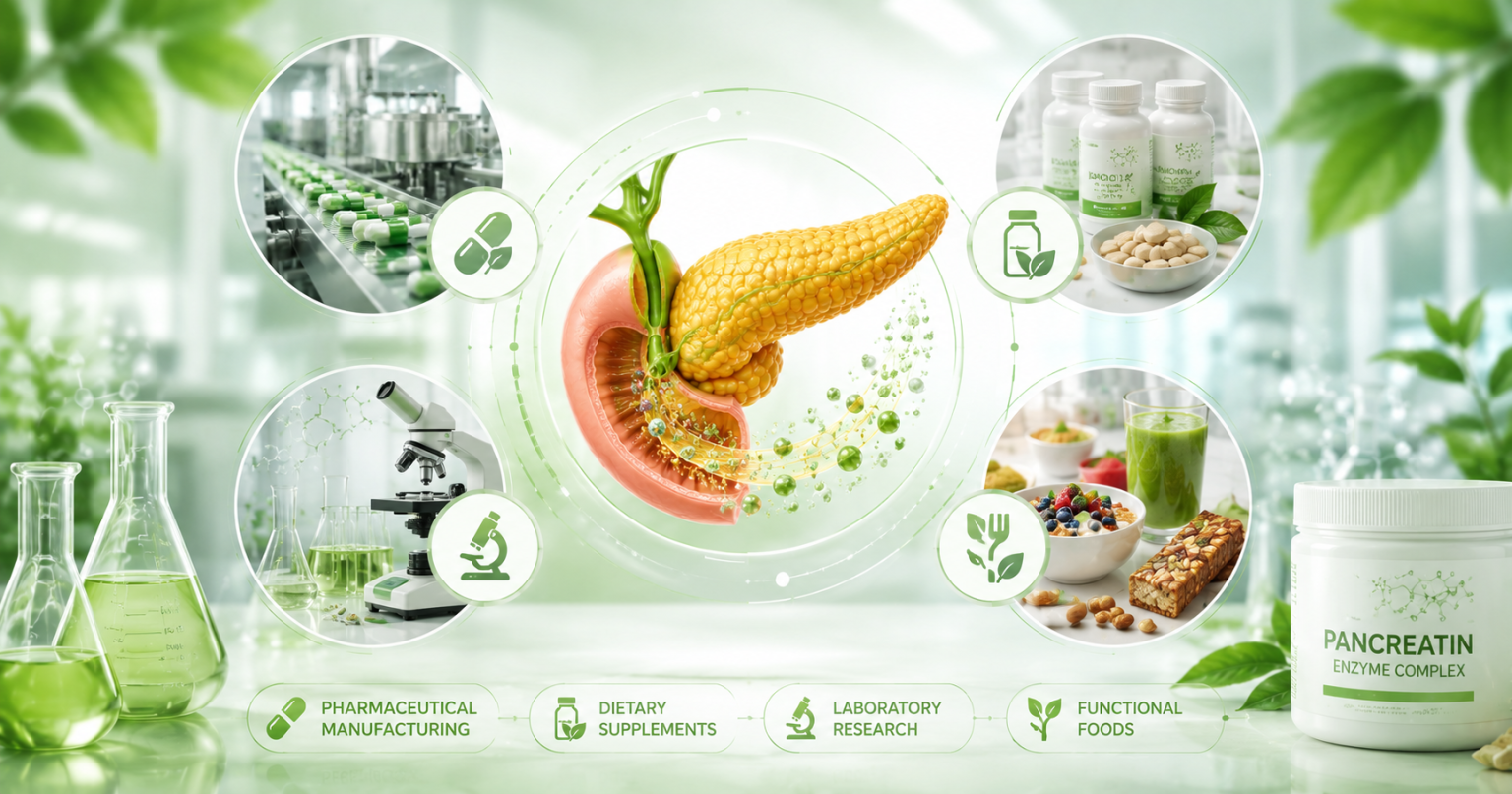 Applications of pancreatin enzymes in pharmaceutical supplements and biotechnology industries