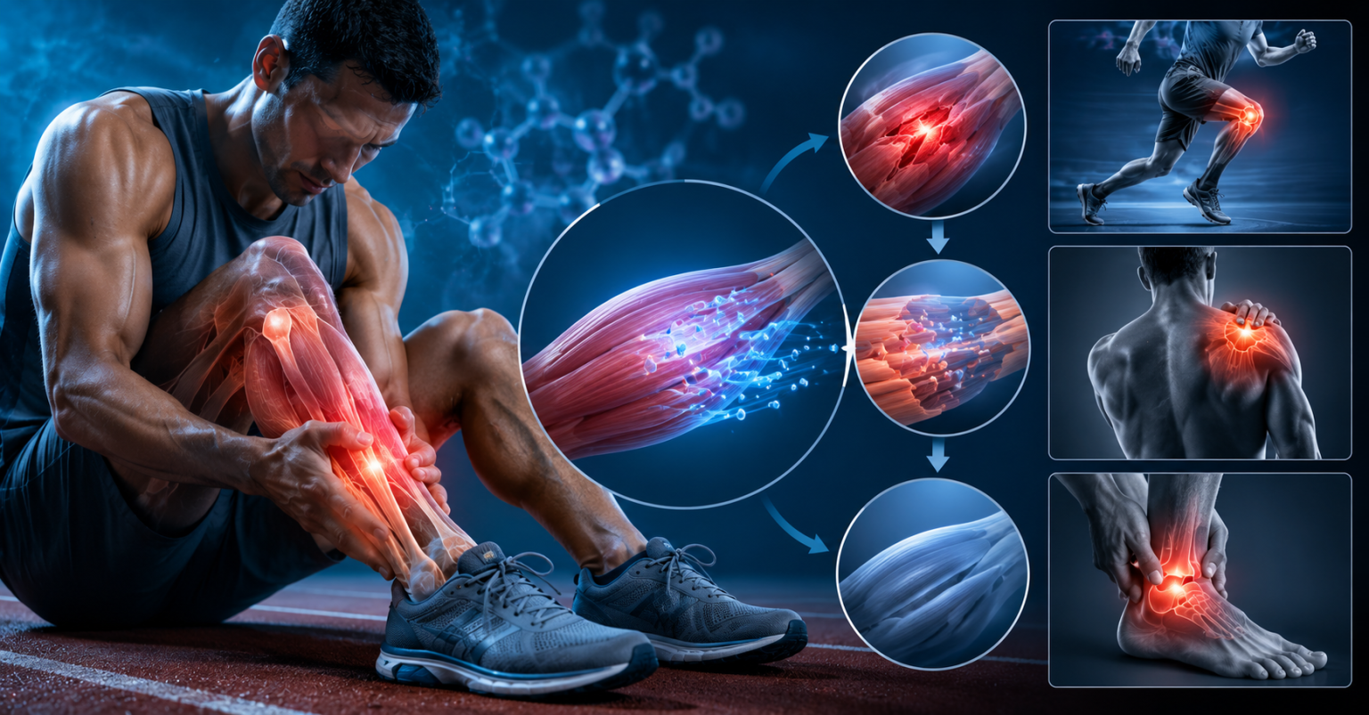 Athlete recovering from muscle injury with medical visualization of healing tissues and reduced inflammation.