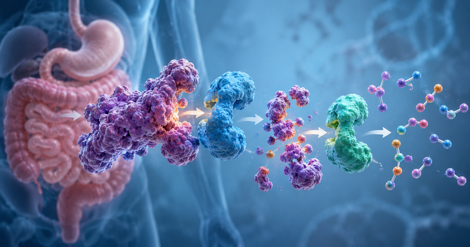 Scientific illustration showing digestive enzymes breaking down proteins into smaller peptides and amino acids.