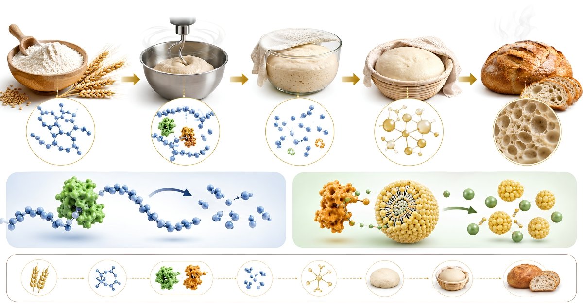 Baking enzymes supporting bread production from flour and starch through dough mixing, fermentation, proofing and baking