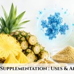 Scientific illustration showing bromelain supplementation derived from pineapple for digestive health, enzyme research, and industrial applications.