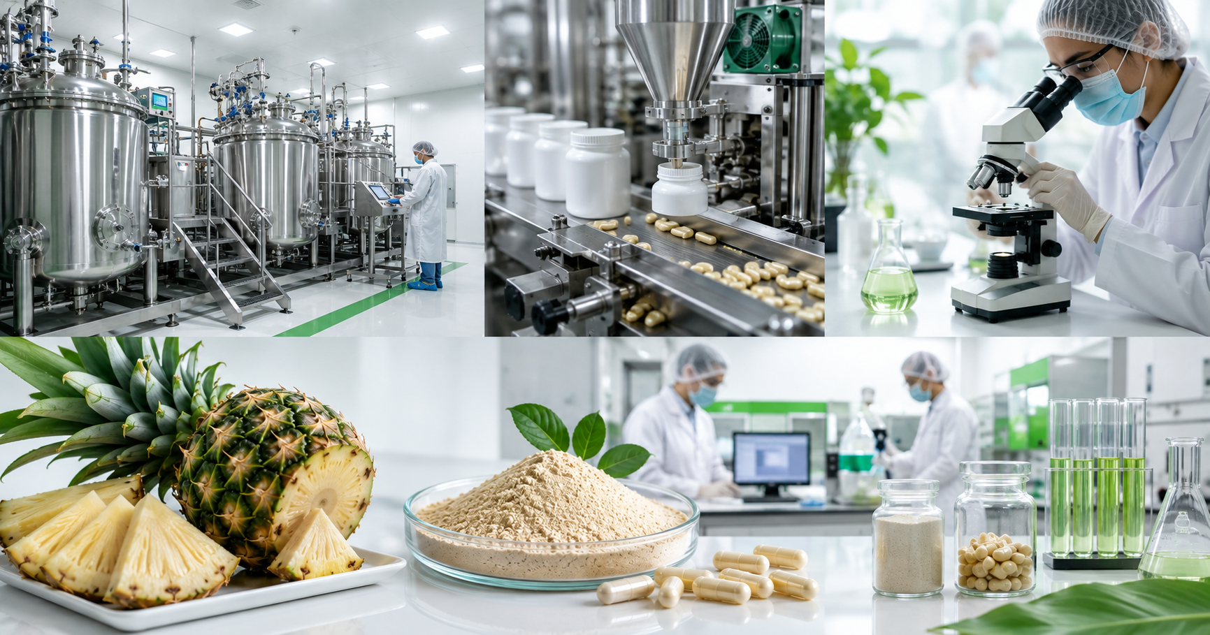 Industrial manufacturing process of bromelain enzyme for pharmaceutical, food processing, and nutraceutical industries.