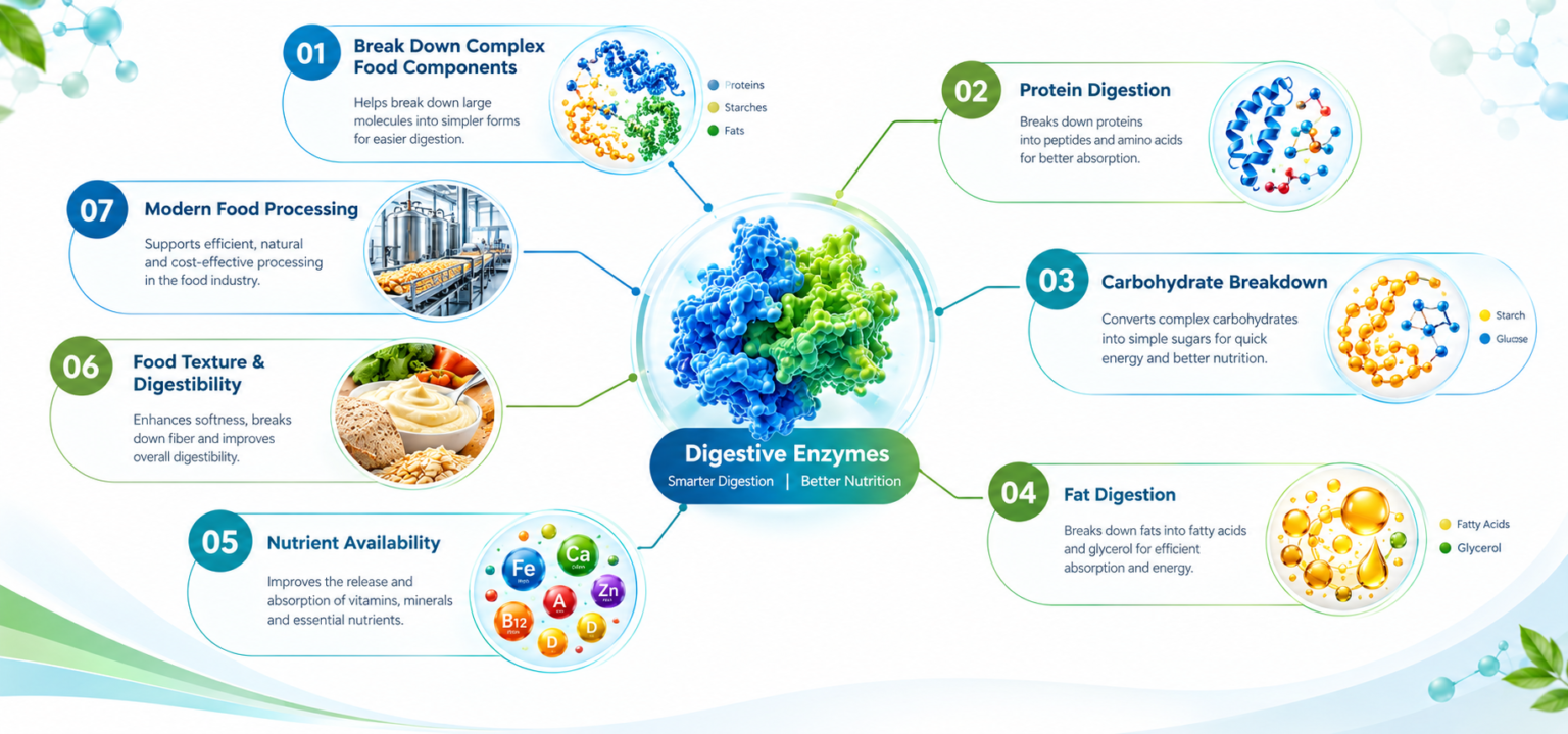 7 roles of Digestive Enzymes in food component breakdown, nutrient availability, digestion, and food processing