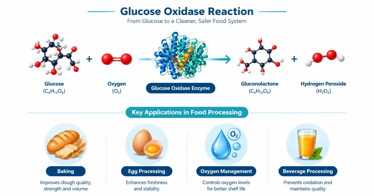 Infographic of the Glucose Oxidase Enzymes reaction converting glucose and oxygen into gluconolactone and hydrogen peroxide